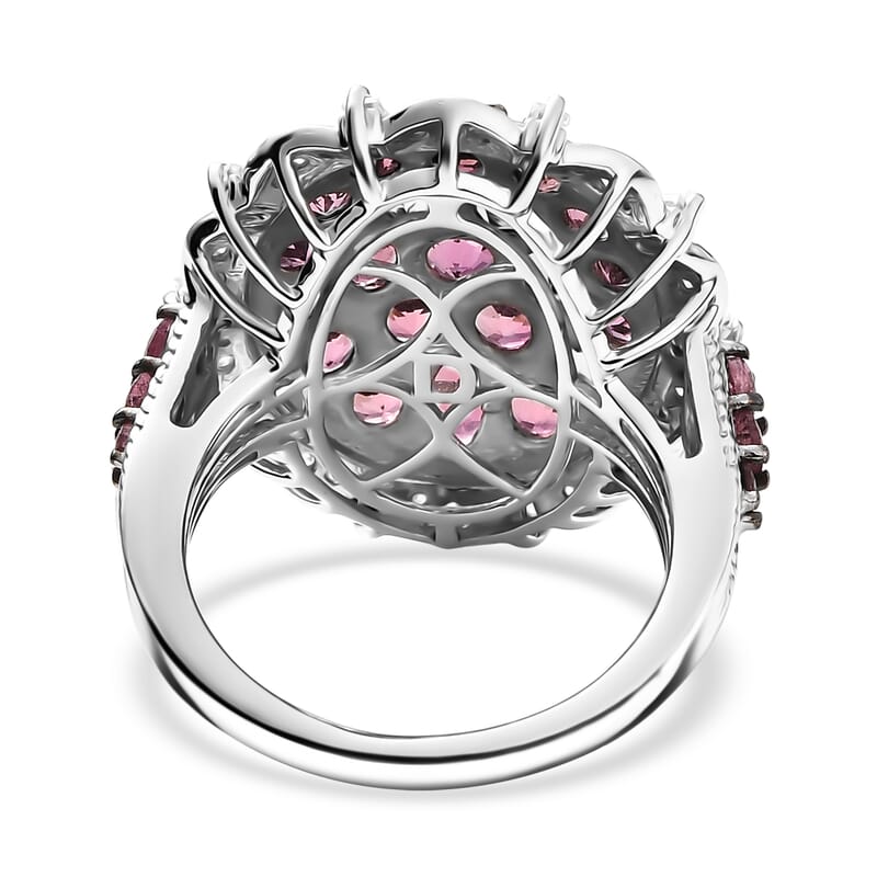 D'Joy Ouro Fino  Rubellite, Moissanite Floral Bloom Ring in Rhodium Over Sterling Silver 3.80 ctw (Size 7.0)