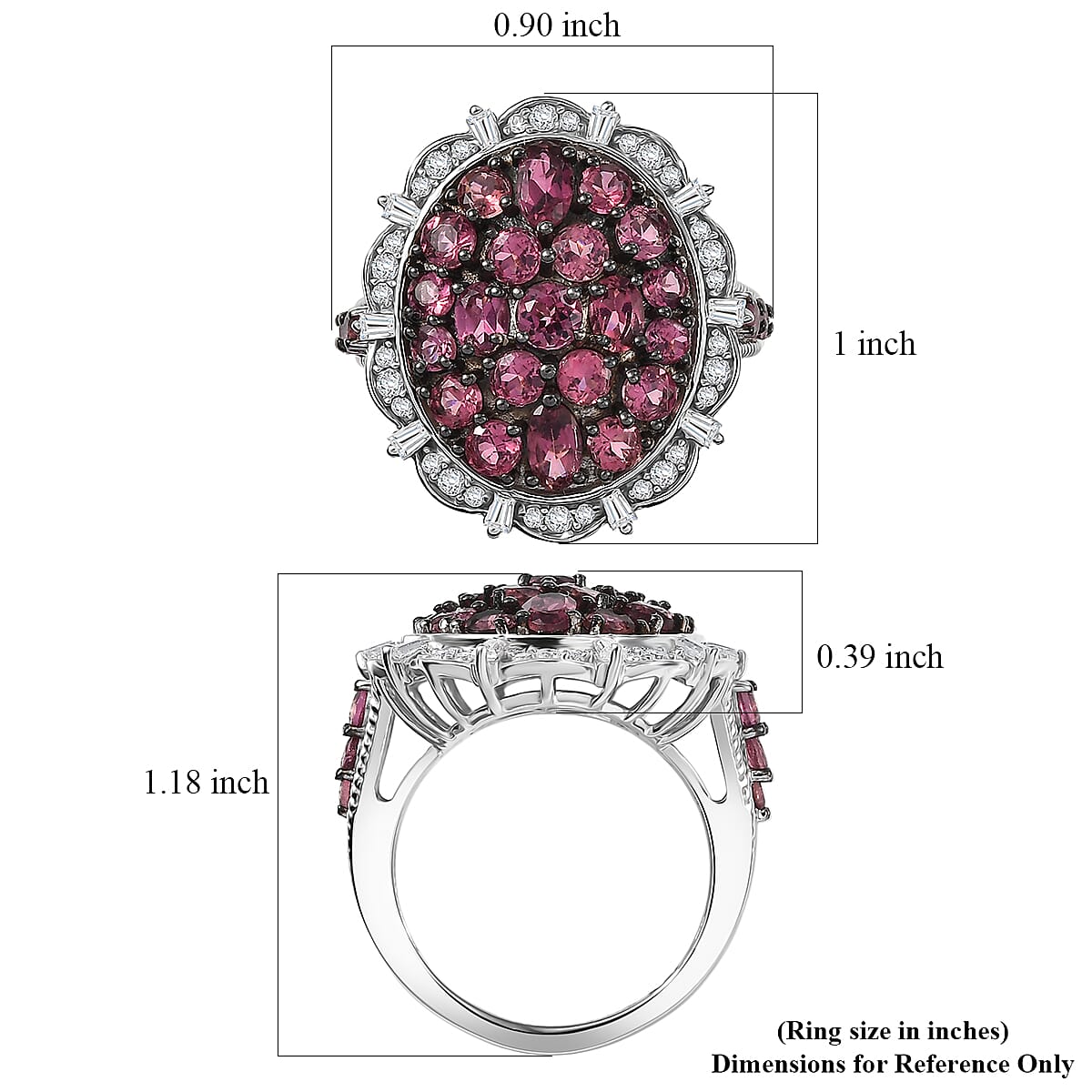 D'Joy Ouro Fino Rubellite, Moissanite Floral Cluster Ring in Rhodium Over Sterling Silver 3.80 ctw (Size 7.0) image number 5