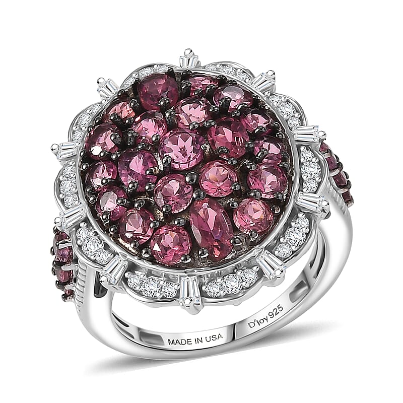 D'Joy Ouro Fino  Rubellite, Moissanite Floral Bloom Ring in Rhodium Over Sterling Silver 3.80 ctw (Size 8.0)