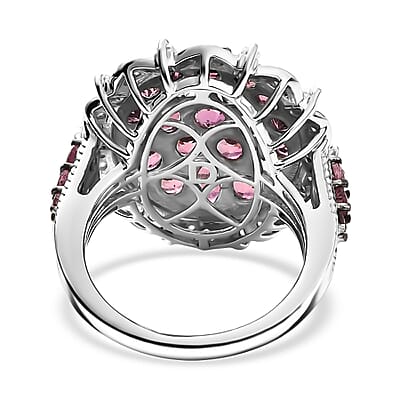 D'Joy Ouro Fino  Rubellite, Moissanite Floral Bloom Ring in Rhodium Over Sterling Silver 3.80 ctw (Size 8.0)