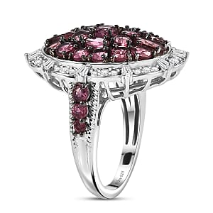D'Joy Ouro Fino  Rubellite, Moissanite Floral Bloom Ring in Rhodium Over Sterling Silver 3.80 ctw (Size 9.0)