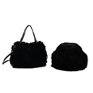 Doorbuster Tamsy Black Solid Bucket Fur Hat Set with Bag (9.45×7.09)