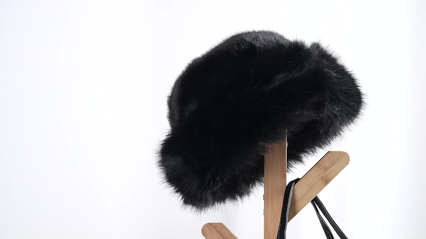 Tamsy Black Solid Bucket Fur Hat Set with Bag (9.45"×7.09")