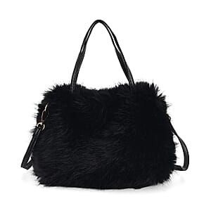  Tamsy Black Solid Bucket Fur Hat Set with Bag
