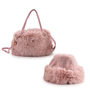 Doorbuster Tamsy Pink Solid Bucket Fur Hat Set with Bag