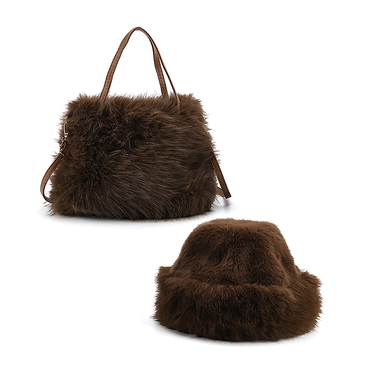  Tamsy Brown Solid Bucket Fur Hat Set with Bag image number 0