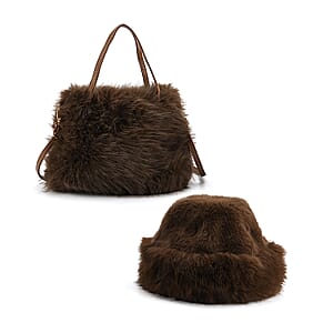  Tamsy Brown Solid Bucket Fur Hat Set with Bag