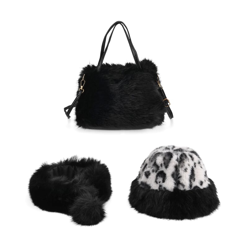 Tamsy Black 3 Piece Set of Printed Round Hat, Scarf and Fur Bag