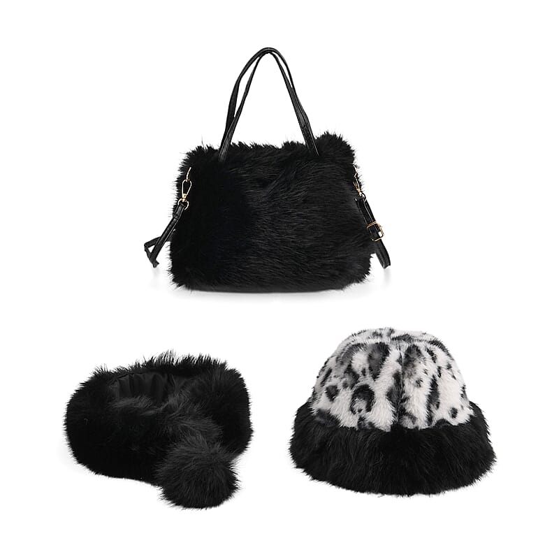 Tamsy Black 3 Piece Set of Printed Round Hat, Scarf and Fur Bag