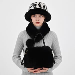 Tamsy Black 3 Piece Set of Printed Round Hat, Scarf and Fur Bag 