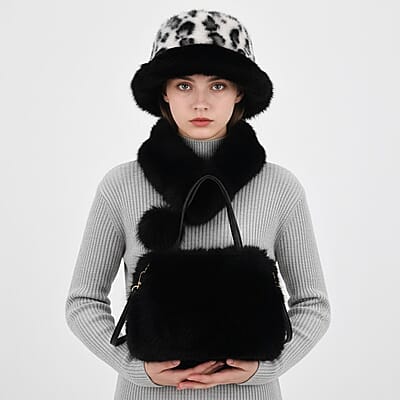 Tamsy Black 3 Piece Set of Printed Round Hat, Scarf and Fur Bag