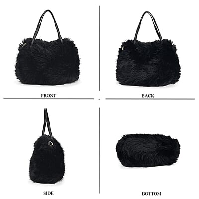 Tamsy Black 3 Piece Set of Printed Round Hat, Scarf and Fur Bag