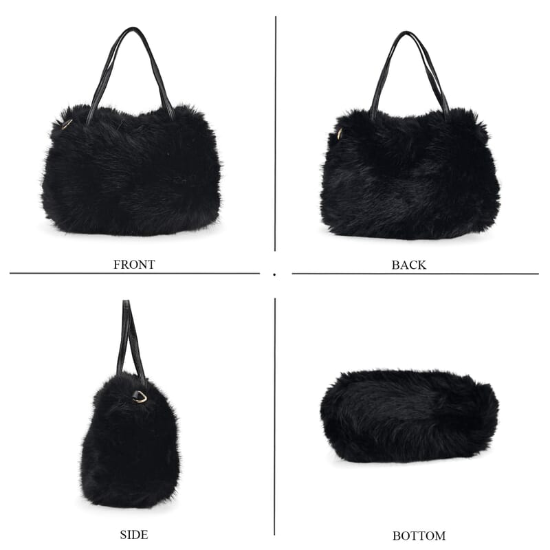 Tamsy Black 3 Piece Set of Printed Round Hat, Scarf and Fur Bag