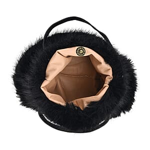 Tamsy Black 3 Piece Set of Printed Round Hat, Scarf and Fur Bag 