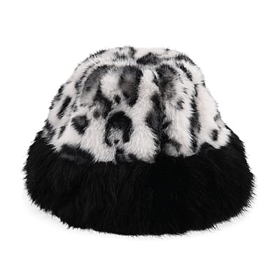 Tamsy Black 3 Piece Set of Printed Round Hat, Scarf and Fur Bag