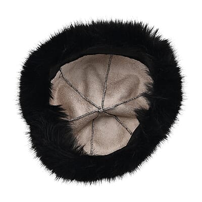 Tamsy Black 3 Piece Set of Printed Round Hat, Scarf and Fur Bag