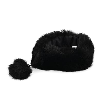 Tamsy Black 3 Piece Set of Printed Round Hat, Scarf and Fur Bag