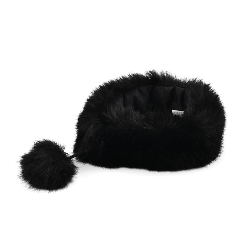 Tamsy Black 3 Piece Set of Printed Round Hat, Scarf and Fur Bag