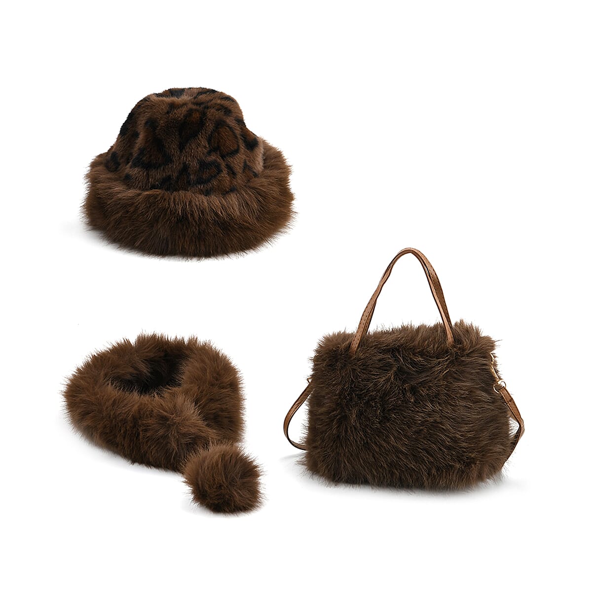 Tamsy Brown 3 Piece Set of Printed Round Hat, Scarf and Fur Bag  image number 0