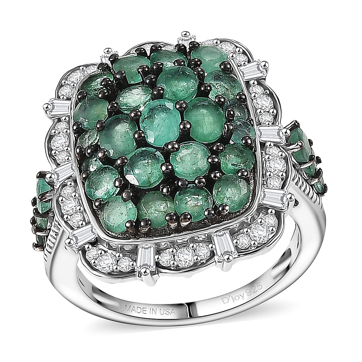D'Joy Kagem Zambian Emerald, Moissanite Floral Cluster Ring in Rhodium Over Sterling Silver 3.15 ctw (Size 10.0)