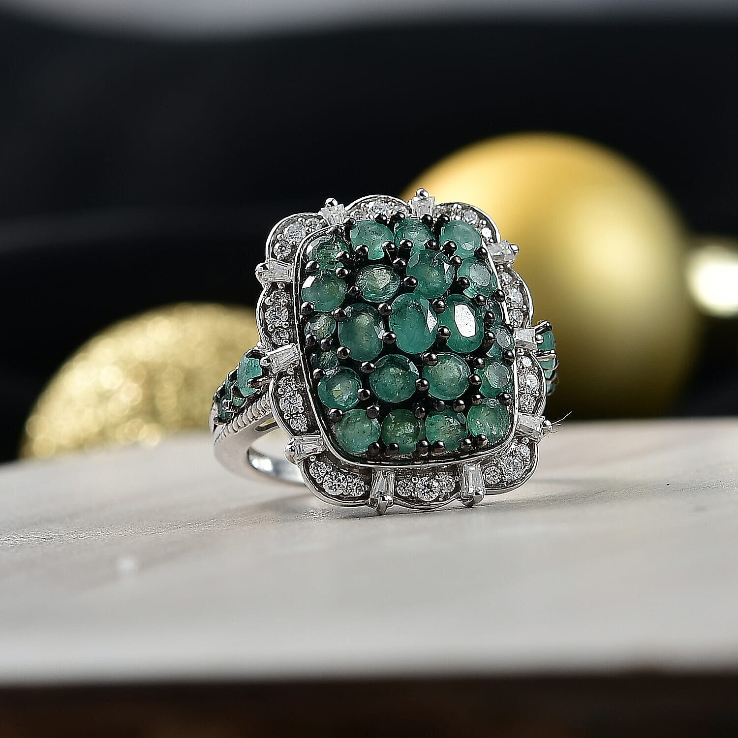 D'Joy Kagem Zambian Emerald, Moissanite Floral Cluster Ring in Rhodium Over Sterling Silver 3.15 ctw (Size 10.0)