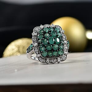 D'Joy Kagem Zambian Emerald, Moissanite Floral Cluster Ring in Rhodium Over Sterling Silver 3.15 ctw (Size 10.0)