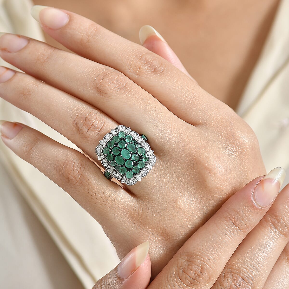 D'Joy Kagem Zambian Emerald and Moissanite 3.15 ctw Floral Bloom Ring in Rhodium Over Sterling Silver (Size 10.0) image number 2