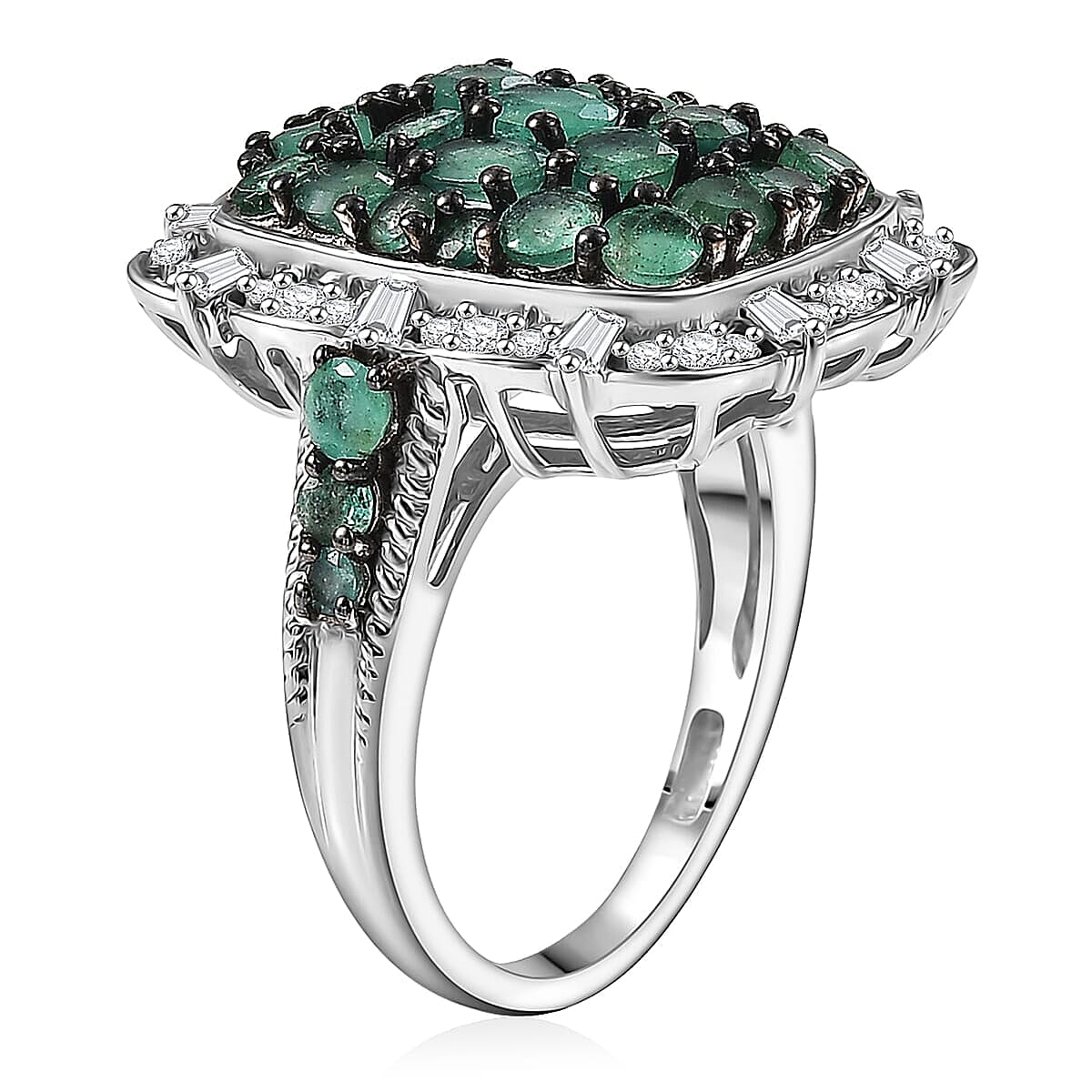 D'Joy Kagem Zambian Emerald, Moissanite Floral Cluster Ring in Rhodium Over Sterling Silver 3.15 ctw (Size 10.0)