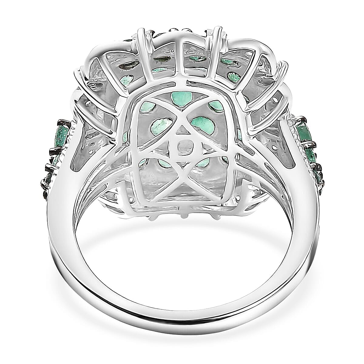 D'Joy Kagem Zambian Emerald, Moissanite Floral Cluster Ring in Rhodium Over Sterling Silver 3.15 ctw (Size 10.0)