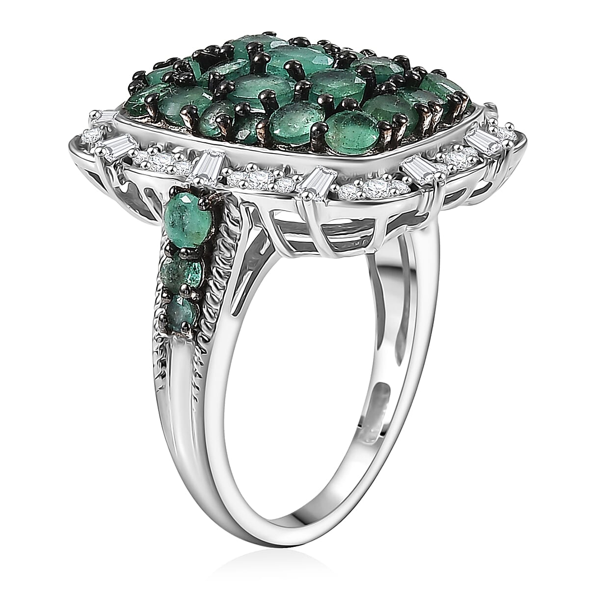D'Joy Kagem Zambian Emerald, Moissanite Floral Cluster Ring in Rhodium Over Sterling Silver 3.15 ctw (Size 7.0) image number 3
