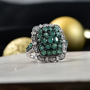 D'Joy Kagem Zambian Emerald, Moissanite Floral Cluster Ring in Rhodium Over Sterling Silver 3.15 ctw (Size 8.0)