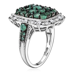 D'Joy Kagem Zambian Emerald, Moissanite Floral Cluster Ring in Rhodium Over Sterling Silver 3.15 ctw (Size 8.0)