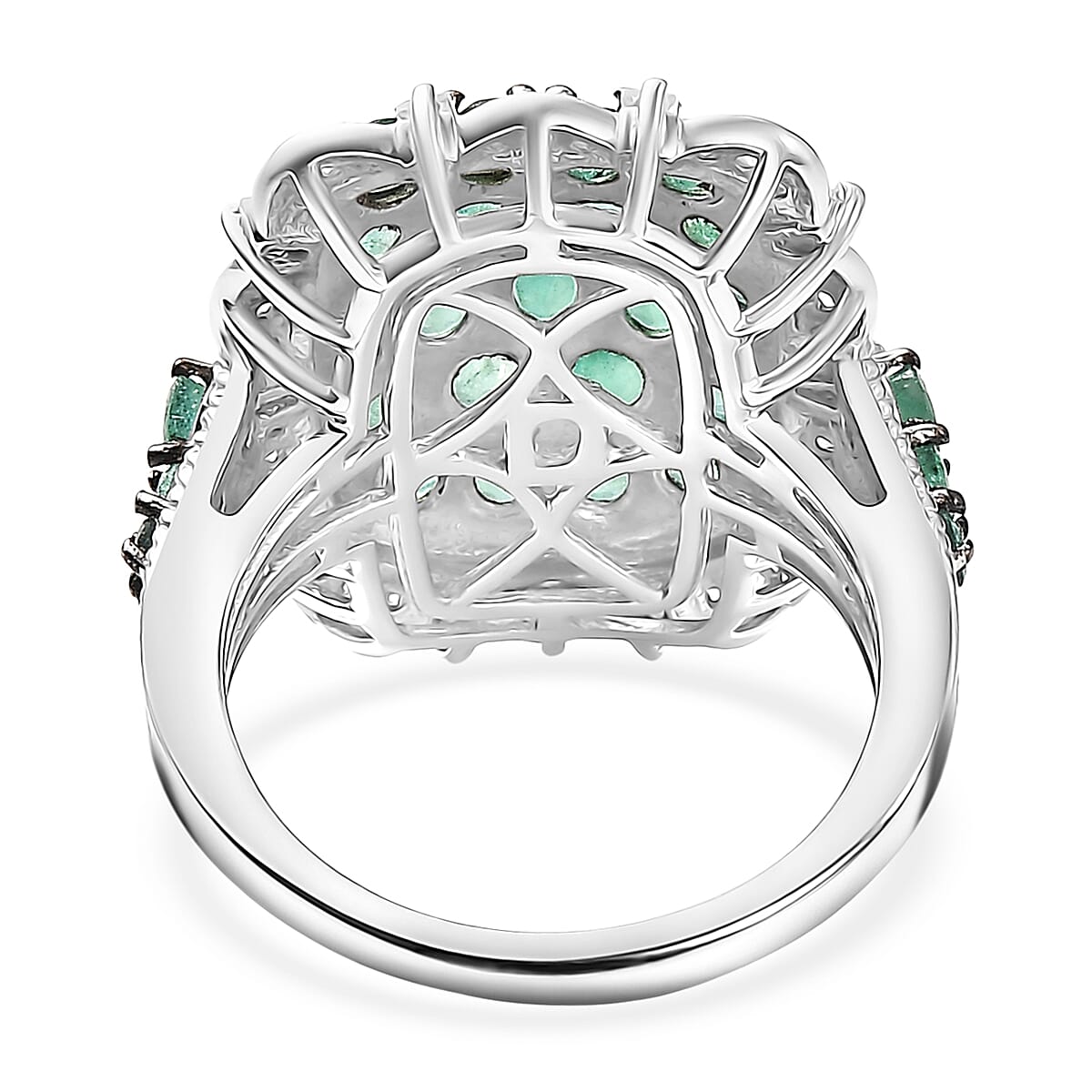 D'Joy Kagem Zambian Emerald, Moissanite Floral Cluster Ring in Rhodium Over Sterling Silver 3.15 ctw (Size 8.0) image number 4