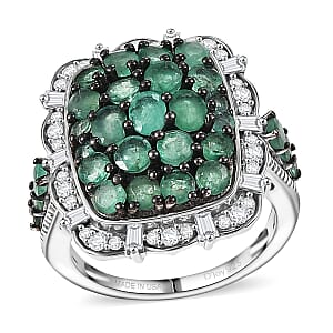 D'Joy Kagem Zambian Emerald, Moissanite Floral Cluster Ring in Rhodium Over Sterling Silver 3.15 ctw (Size 9.0)