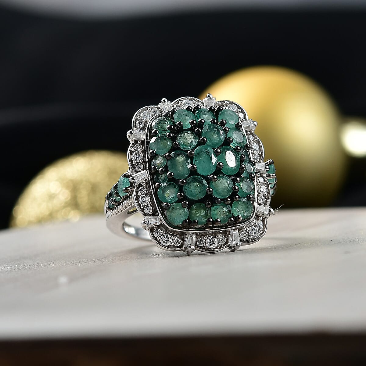 D'Joy Kagem Zambian Emerald, Moissanite Floral Cluster Ring in Rhodium Over Sterling Silver 3.15 ctw (Size 9.0) image number 1