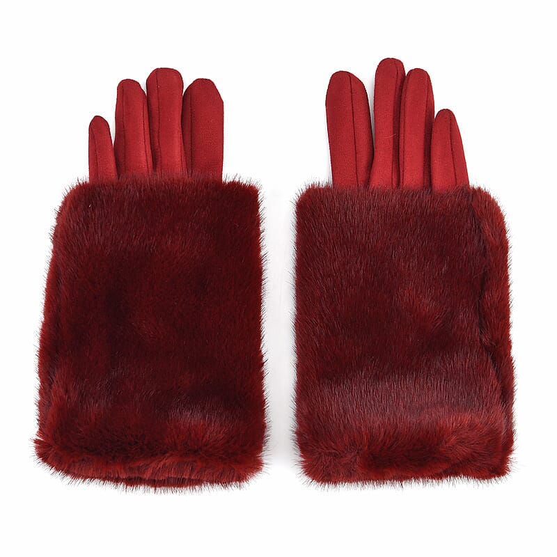 Tamsy Wine Faux Fur Gloves with Screen Touch Function