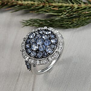 D'Joy Ceylon  Blue Sapphire, Moissanite Floral Bloom Ring in Rhodium Over Sterling Silver 4.25 ctw (Size 10.0)