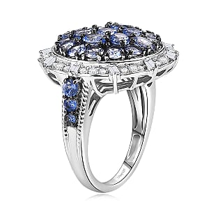 D'Joy Ceylon  Blue Sapphire, Moissanite Floral Bloom Ring in Rhodium Over Sterling Silver 4.25 ctw (Size 10.0)