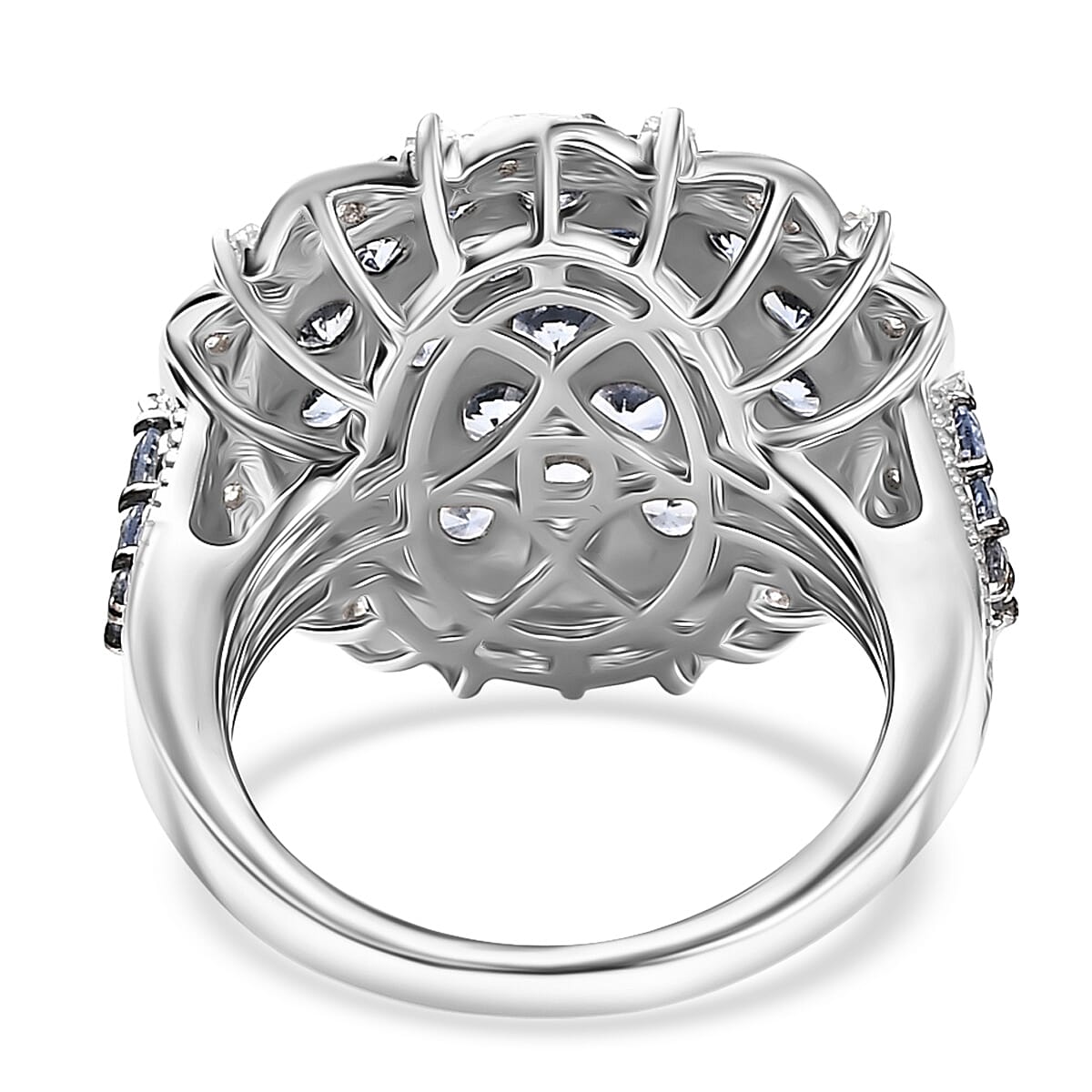 D'Joy Ceylon  Blue Sapphire, Moissanite Floral Bloom Ring in Rhodium Over Sterling Silver 4.25 ctw (Size 6.0) image number 4