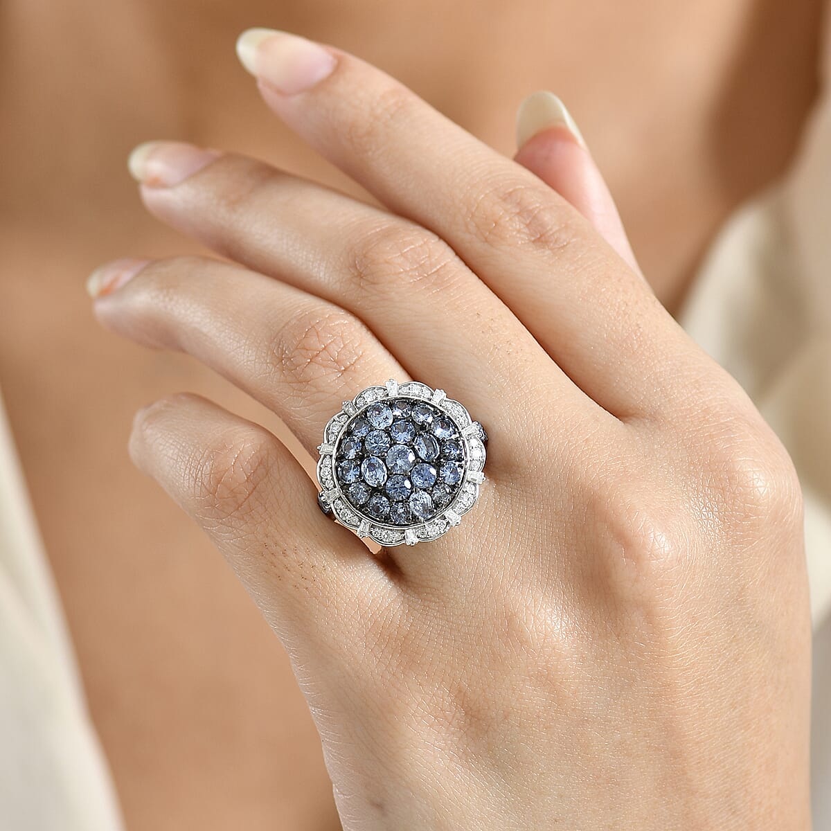 D'Joy Ceylon  Blue Sapphire, Moissanite Floral Bloom Ring in Rhodium Over Sterling Silver 4.25 ctw (Size 7.0) image number 2