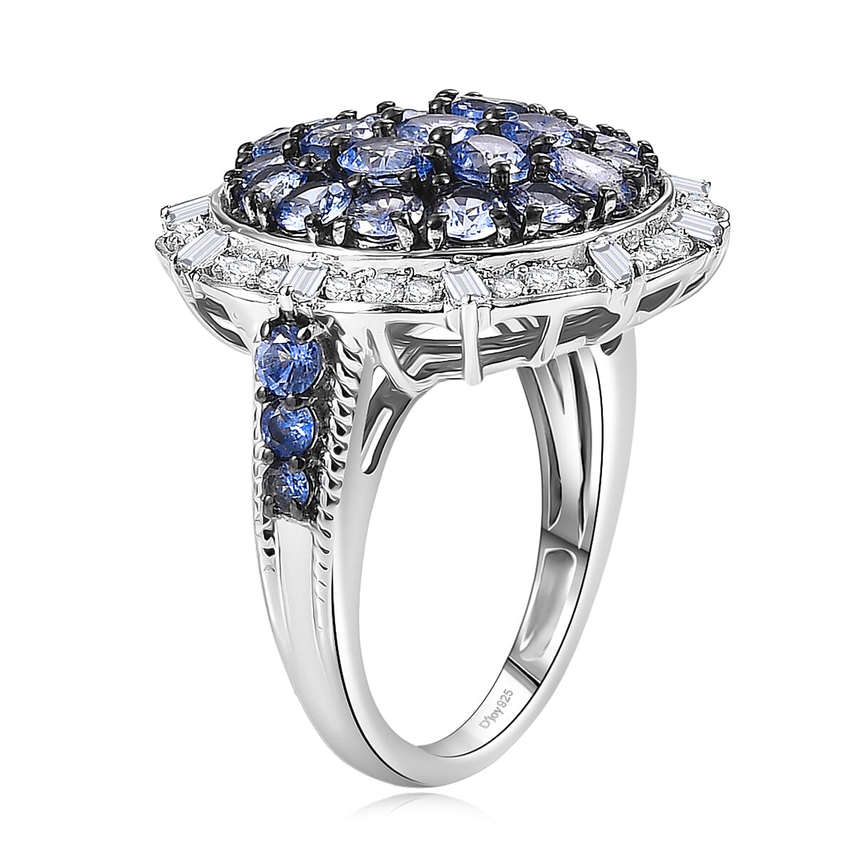 D'Joy Ceylon  Blue Sapphire, Moissanite Floral Bloom Ring in Rhodium Over Sterling Silver 4.25 ctw (Size 7.0) image number 3