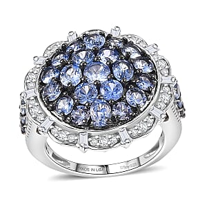 D'Joy Ceylon  Blue Sapphire, Moissanite Floral Bloom Ring in Rhodium Over Sterling Silver 4.25 ctw (Size 9.0)