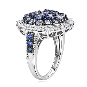 D'Joy Ceylon  Blue Sapphire, Moissanite Floral Bloom Ring in Rhodium Over Sterling Silver 4.25 ctw (Size 9.0)