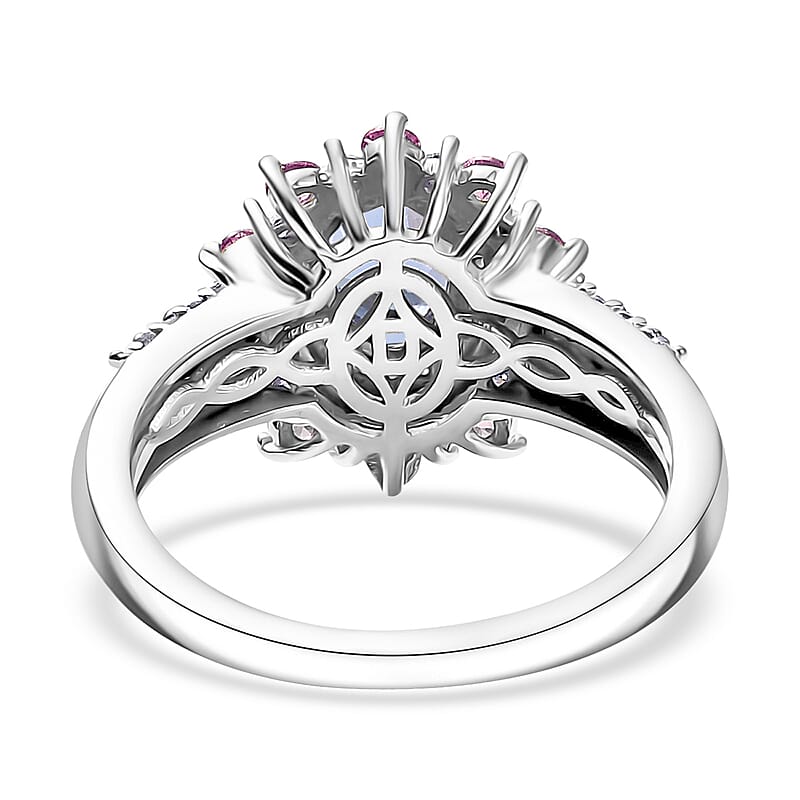 D'Joy Tanzanite, Multi Gemstone Sunburst Ring in Rhodium Over Sterling Silver 1.75 ctw (Size 6.0)