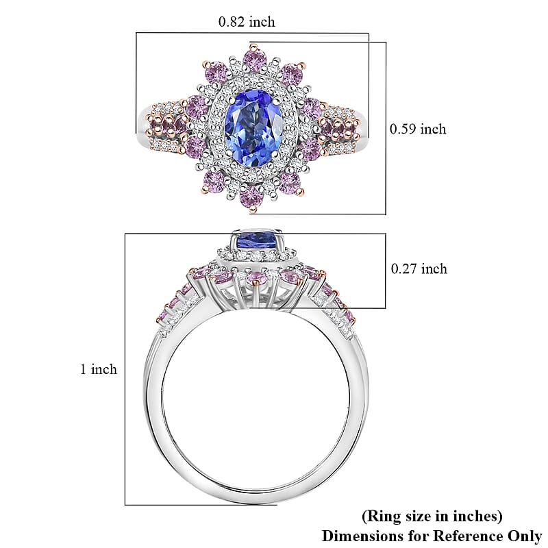 D'Joy Tanzanite, Multi Gemstone Sunburst Ring in Rhodium Over Sterling Silver 1.75 ctw (Size 6.0)