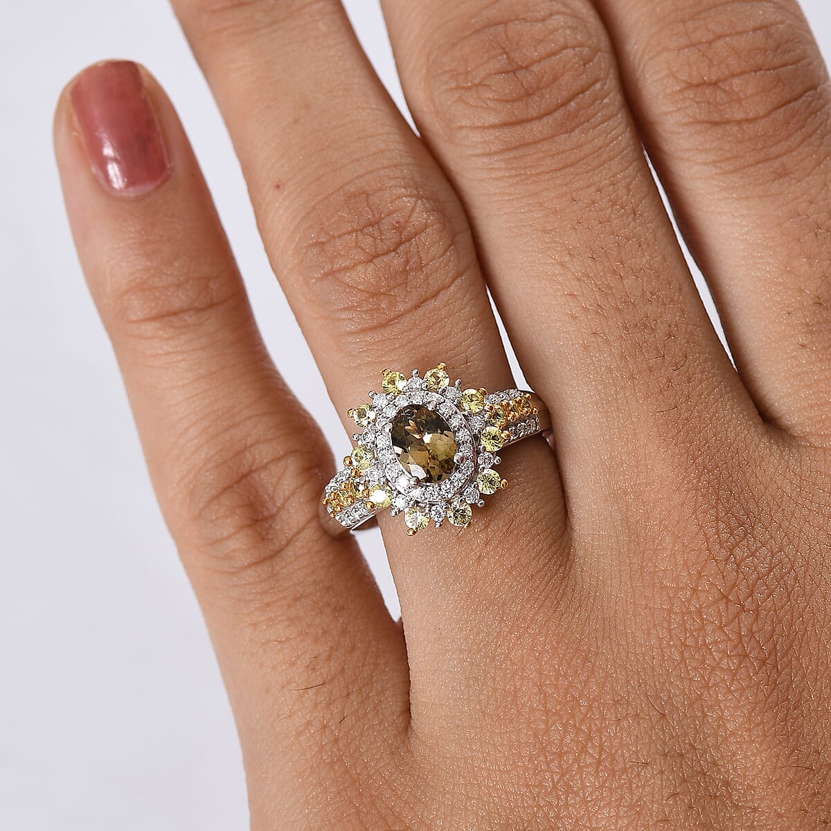 D'Joy Premium Golden Tanzanite and Multi Gemstone 1.80 ctw Sunburst Ring in Rhodium Over Sterling Silver (Size 8.0) image number 2