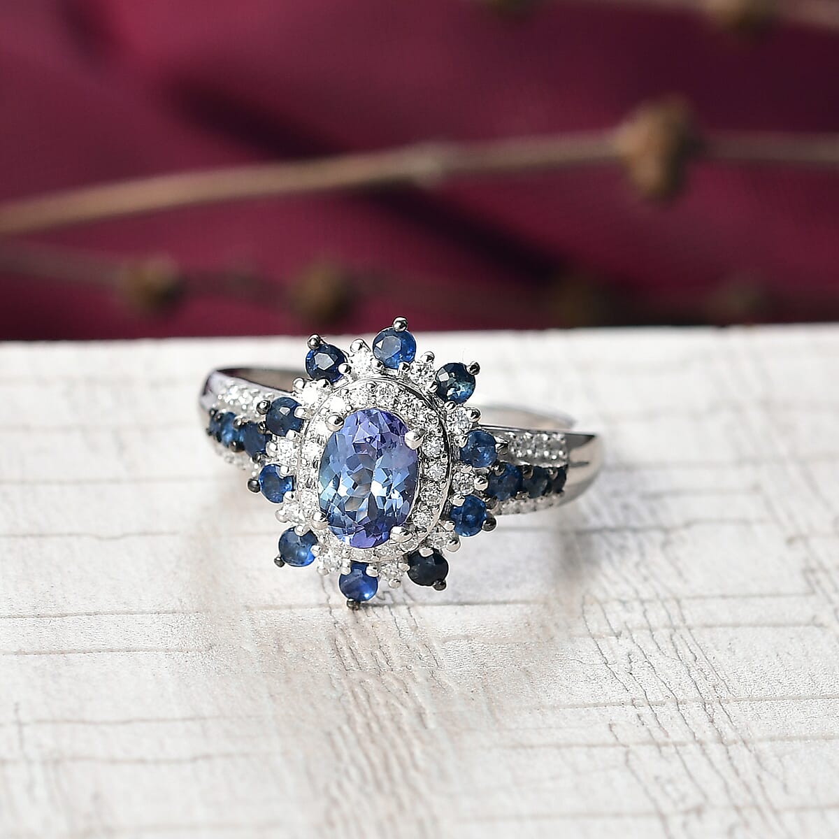 D'Joy Premium Peacock Tanzanite and Multi Gemstone 1.80 ctw Sunburst Ring in Rhodium Over Sterling Silver (Size 10.0) image number 1