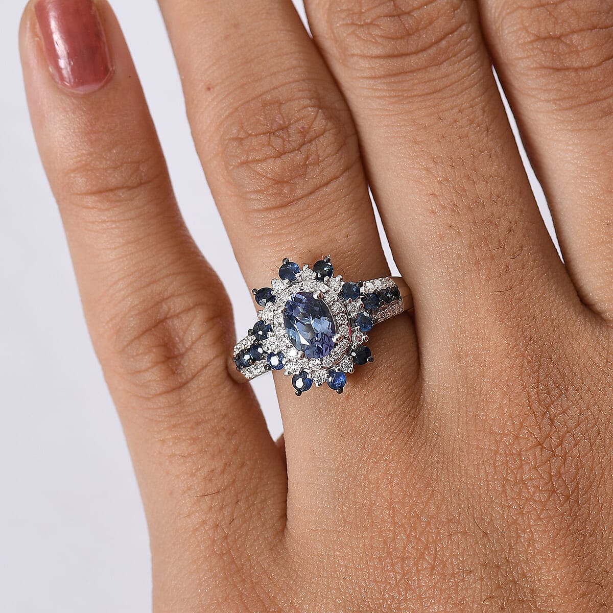 D'Joy Premium Peacock Tanzanite and Multi Gemstone 1.80 ctw Sunburst Ring in Rhodium Over Sterling Silver (Size 10.0) image number 2