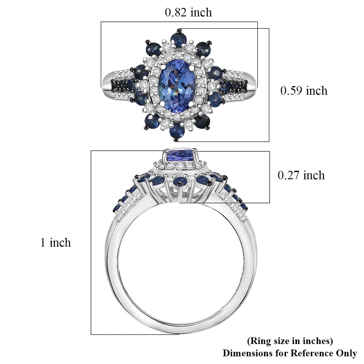 D'Joy Premium Peacock Tanzanite and Multi Gemstone 1.80 ctw Sunburst Ring in Rhodium Over Sterling Silver (Size 10.0) image number 5