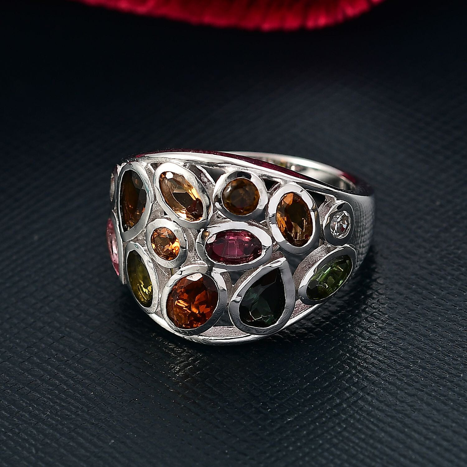 D'Joy Multi-Tourmaline, White Zircon Ring in Rhodium Over Sterling Silver 3.00 ctw (Size 10.0)